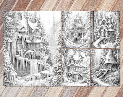 50 Winter Fairy Houses Grayscale Coloring Pages - Instant Download - Printable PDF Dark/Light – preview 9