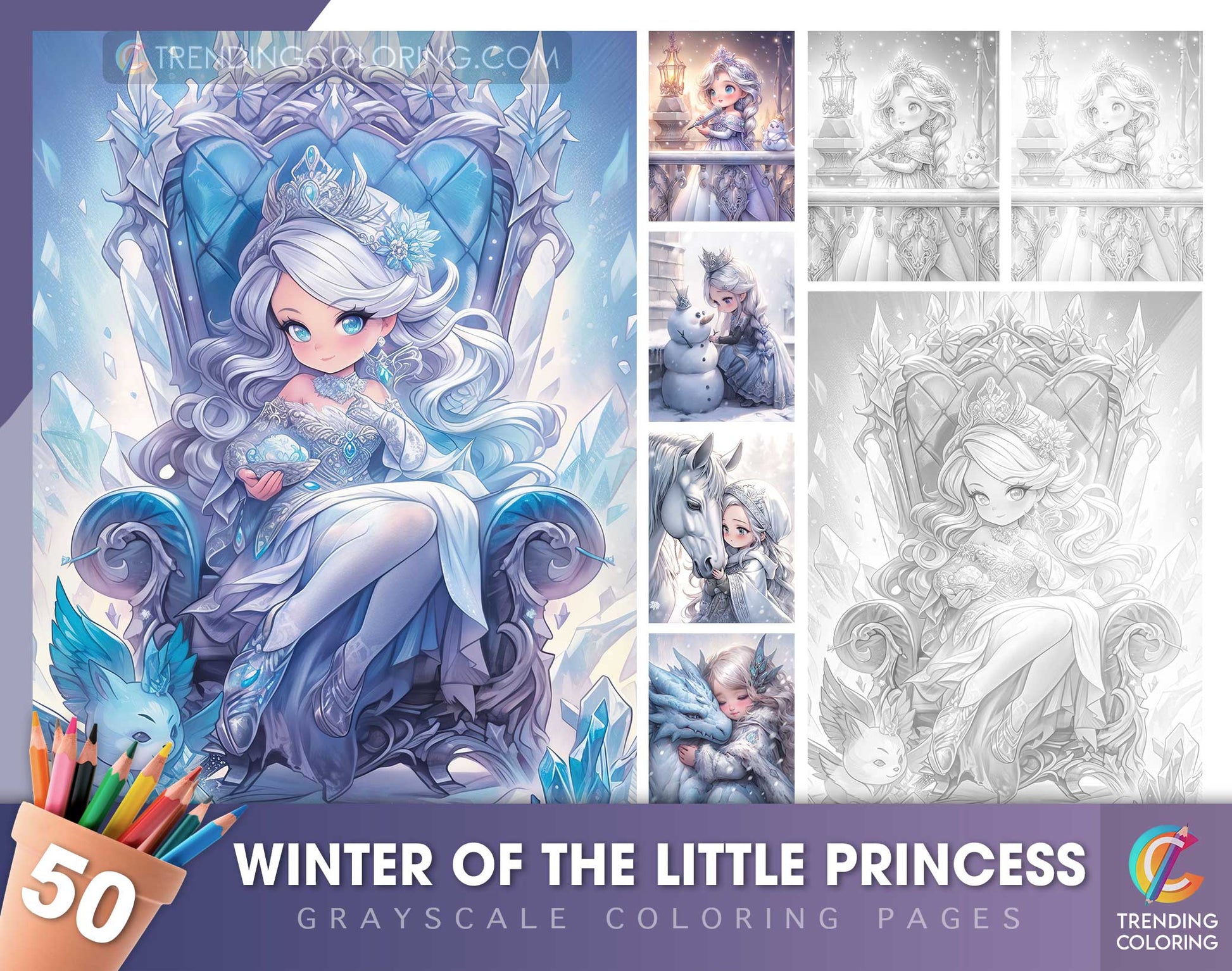 50 Winter Of The Little Princess Grayscale Coloring Pages - Instant Download - Printable PDF Dark/Light