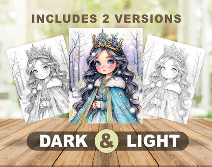 50 Winter Princess Adventure Coloring Pages - Instant Download - Printable PDF Dark/Light – preview 4