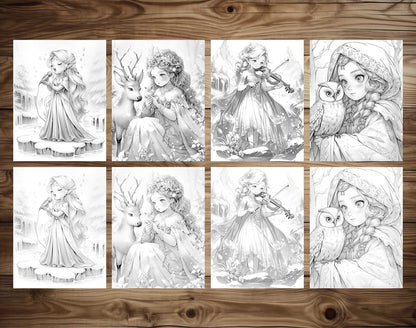 50 Winter Princess Adventure Coloring Pages - Instant Download - Printable PDF Dark/Light – preview 7