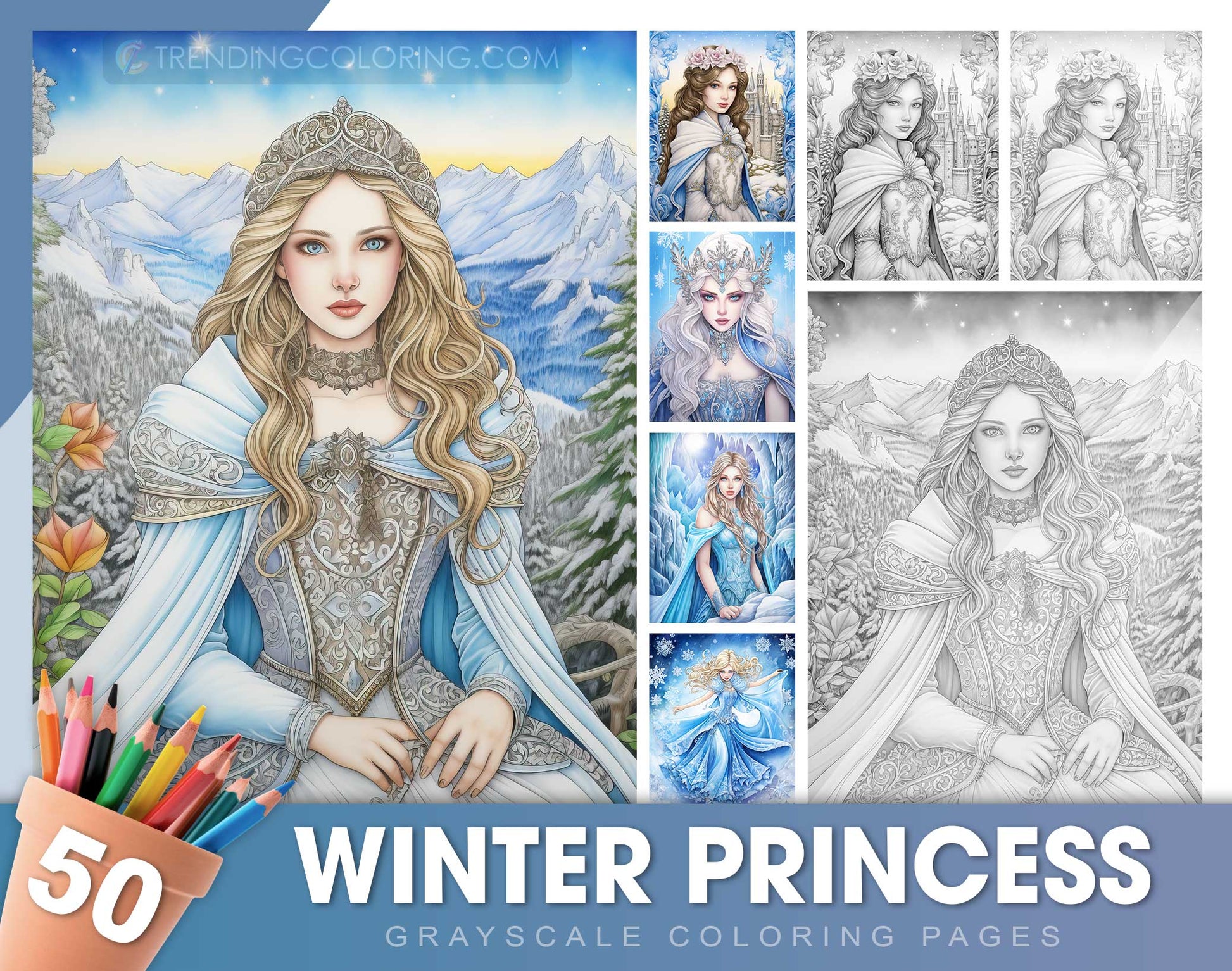 50 Winter Princesses Grayscale Coloring Pages - Instant Download - Printable PDF Dark/Light