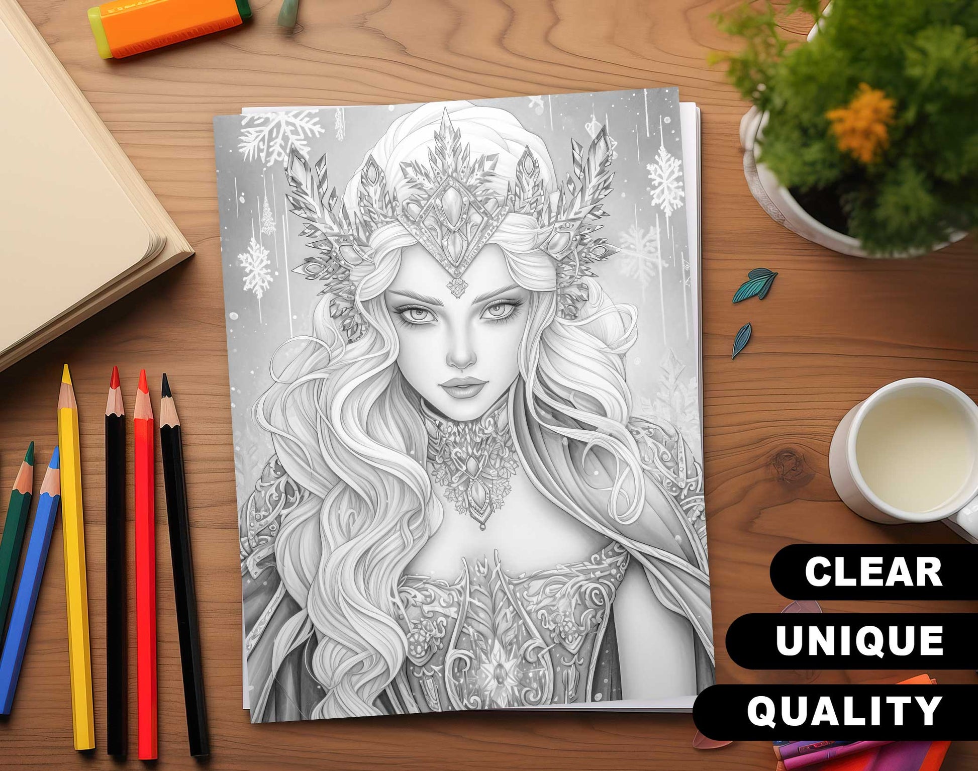 50 Winter Princesses Grayscale Coloring Pages - Instant Download - Printable PDF Dark/Light – preview 3