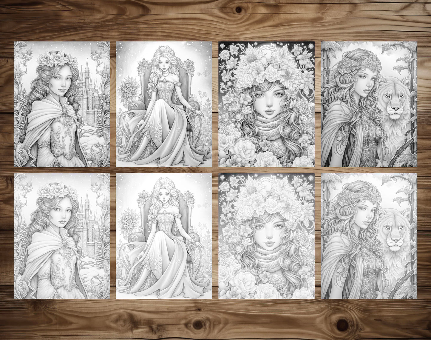 50 Winter Princesses Grayscale Coloring Pages - Instant Download - Printable PDF Dark/Light – preview 5