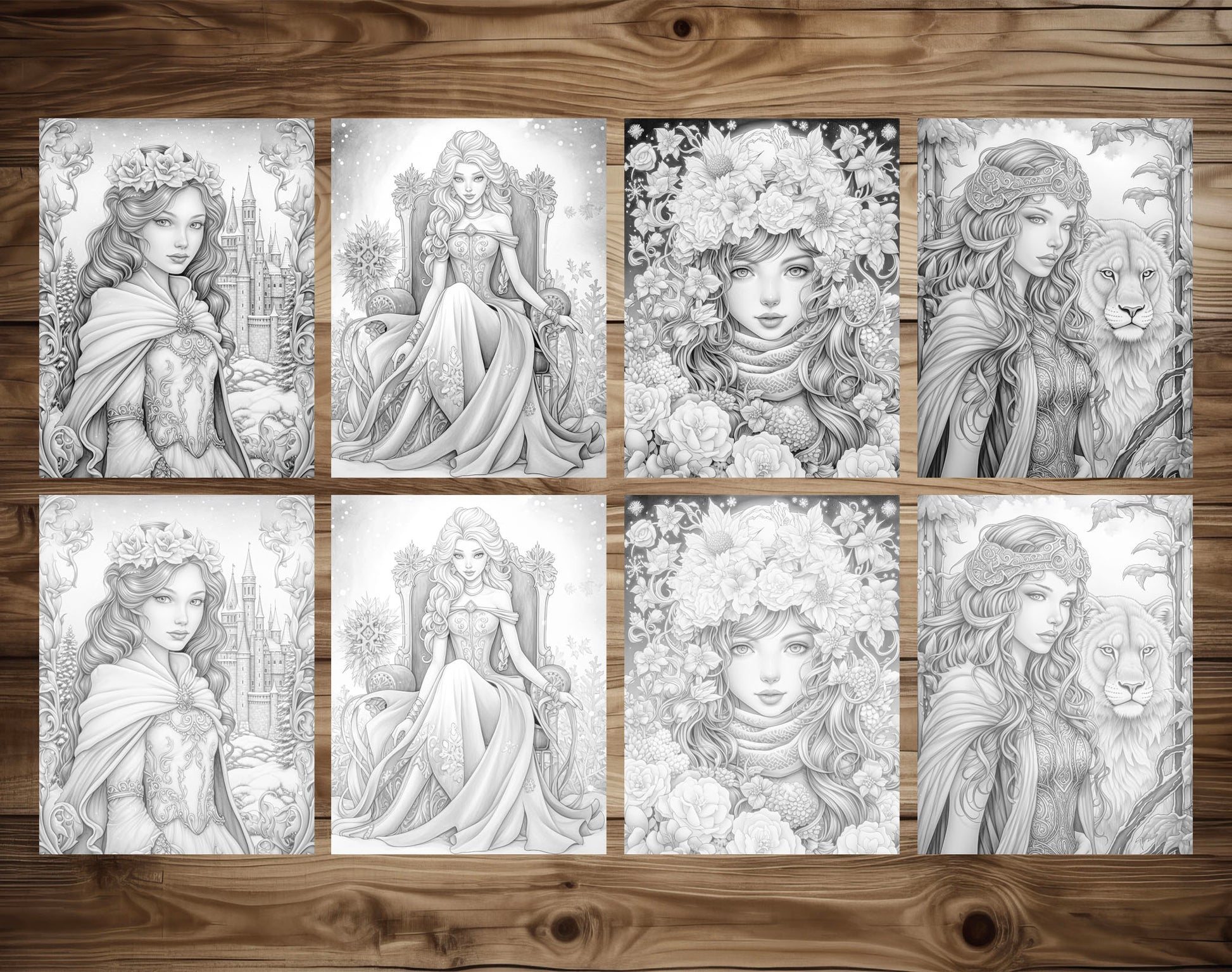 50 Winter Princesses Grayscale Coloring Pages - Instant Download - Printable PDF Dark/Light – preview 5