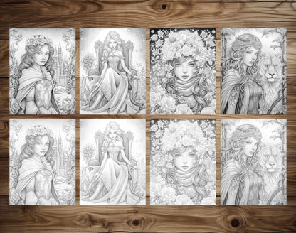 50 Winter Princesses Grayscale Coloring Pages - Instant Download - Printable PDF Dark/Light – preview 5