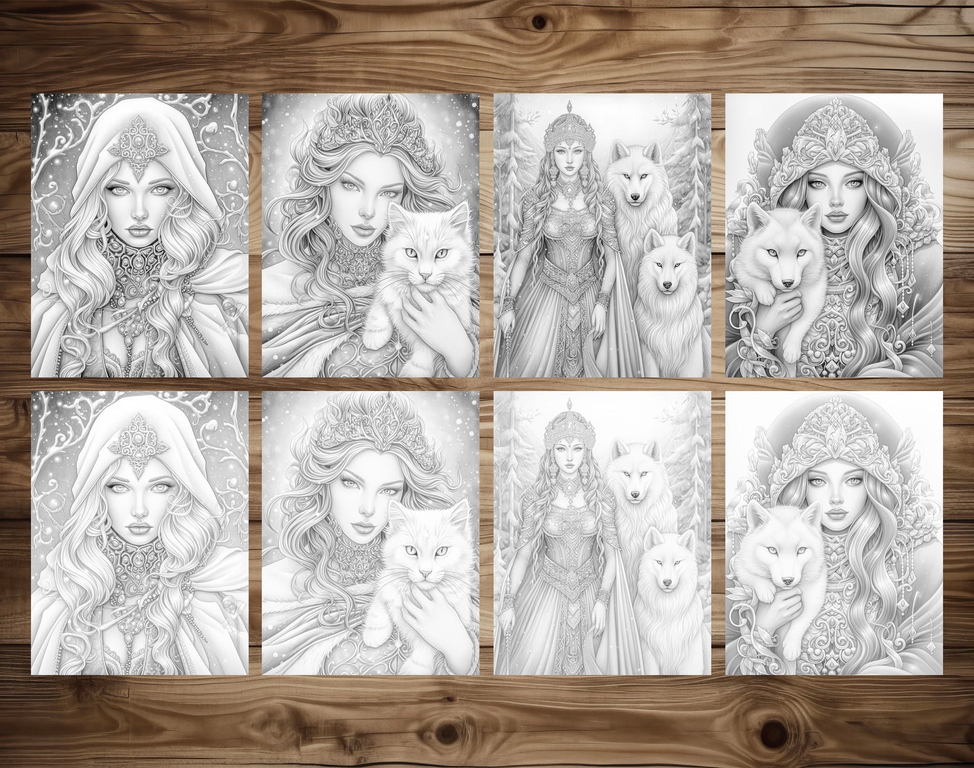 50 Winter Princesses Grayscale Coloring Pages - Instant Download - Printable PDF Dark/Light – preview 6
