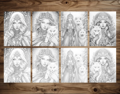 50 Winter Princesses Grayscale Coloring Pages - Instant Download - Printable PDF Dark/Light – preview 6