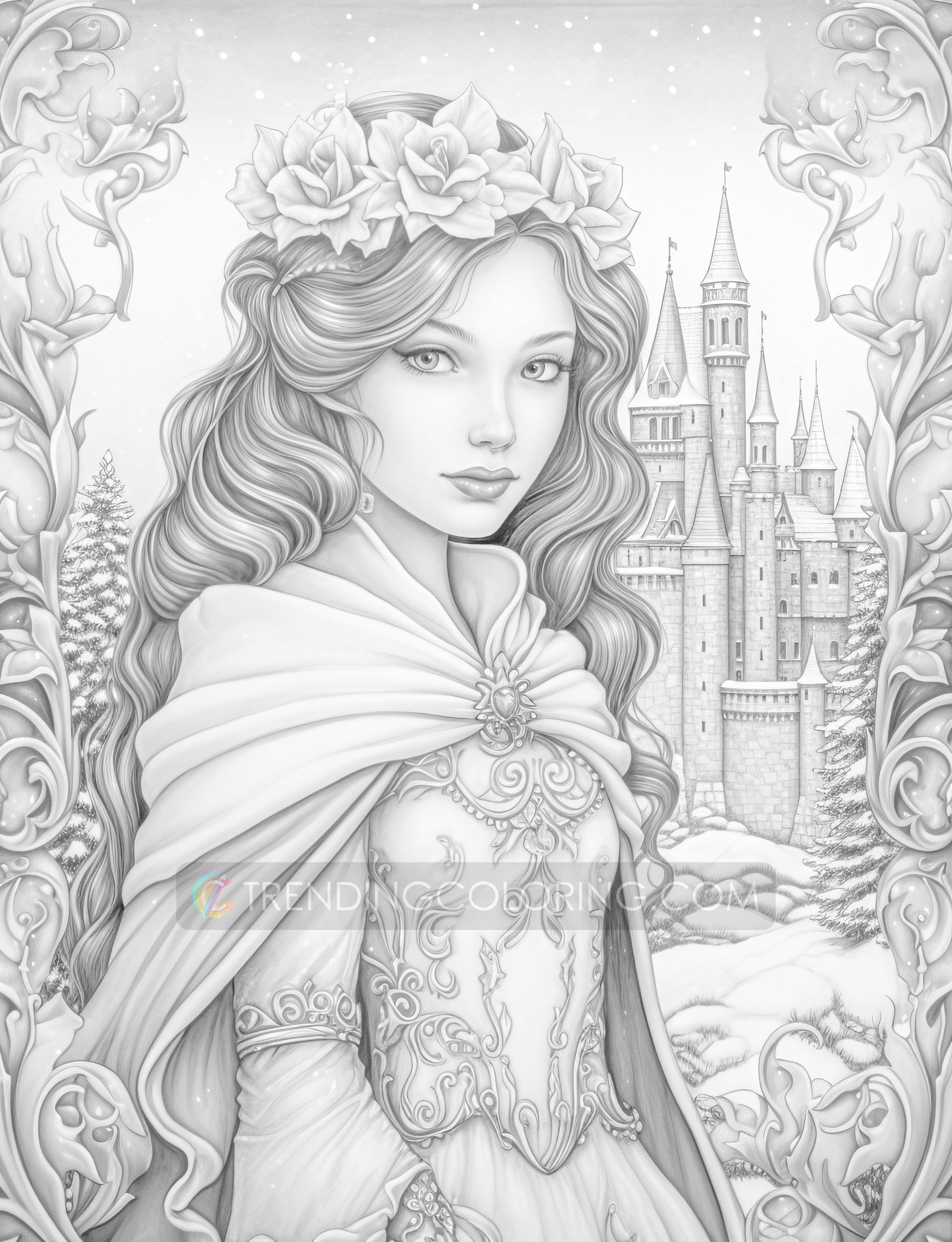 50 Winter Princesses Grayscale Coloring Pages - Instant Download - Printable PDF Dark/Light – preview 7