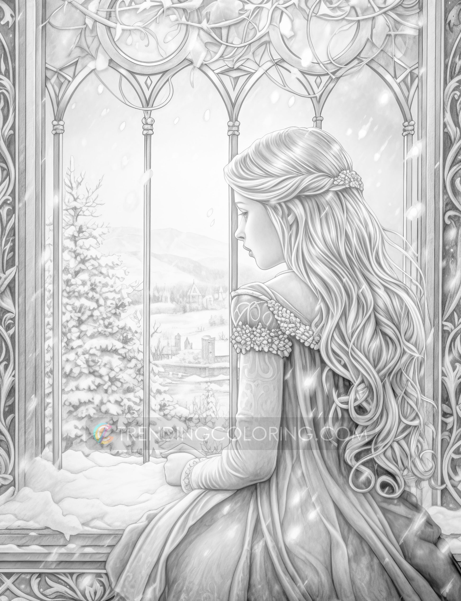 50 Winter Princesses Grayscale Coloring Pages - Instant Download - Printable PDF Dark/Light – preview 9