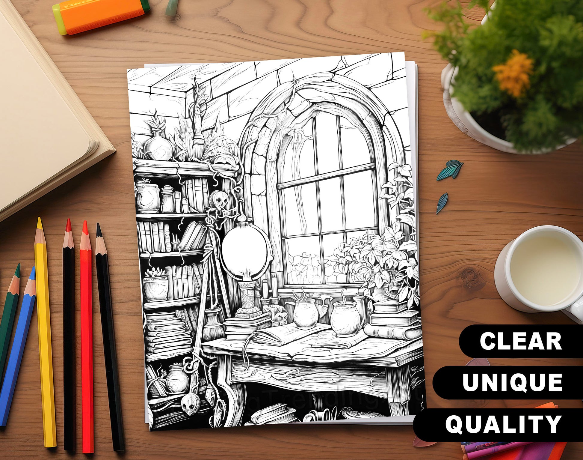 50 Witchcraft World Grayscale Coloring Pages - Instant Download - Printable PDF Dark/Light – preview 3