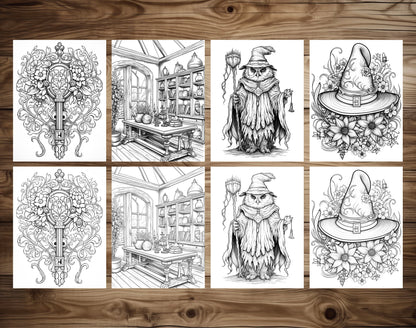 50 Witchcraft World Grayscale Coloring Pages - Instant Download - Printable PDF Dark/Light – preview 6