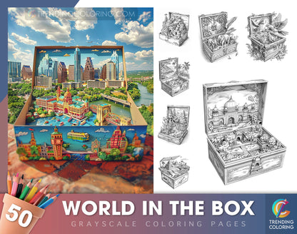 50 World In The Box Grayscale Coloring Pages - Instant Download - Printable PDF Dark/Light
