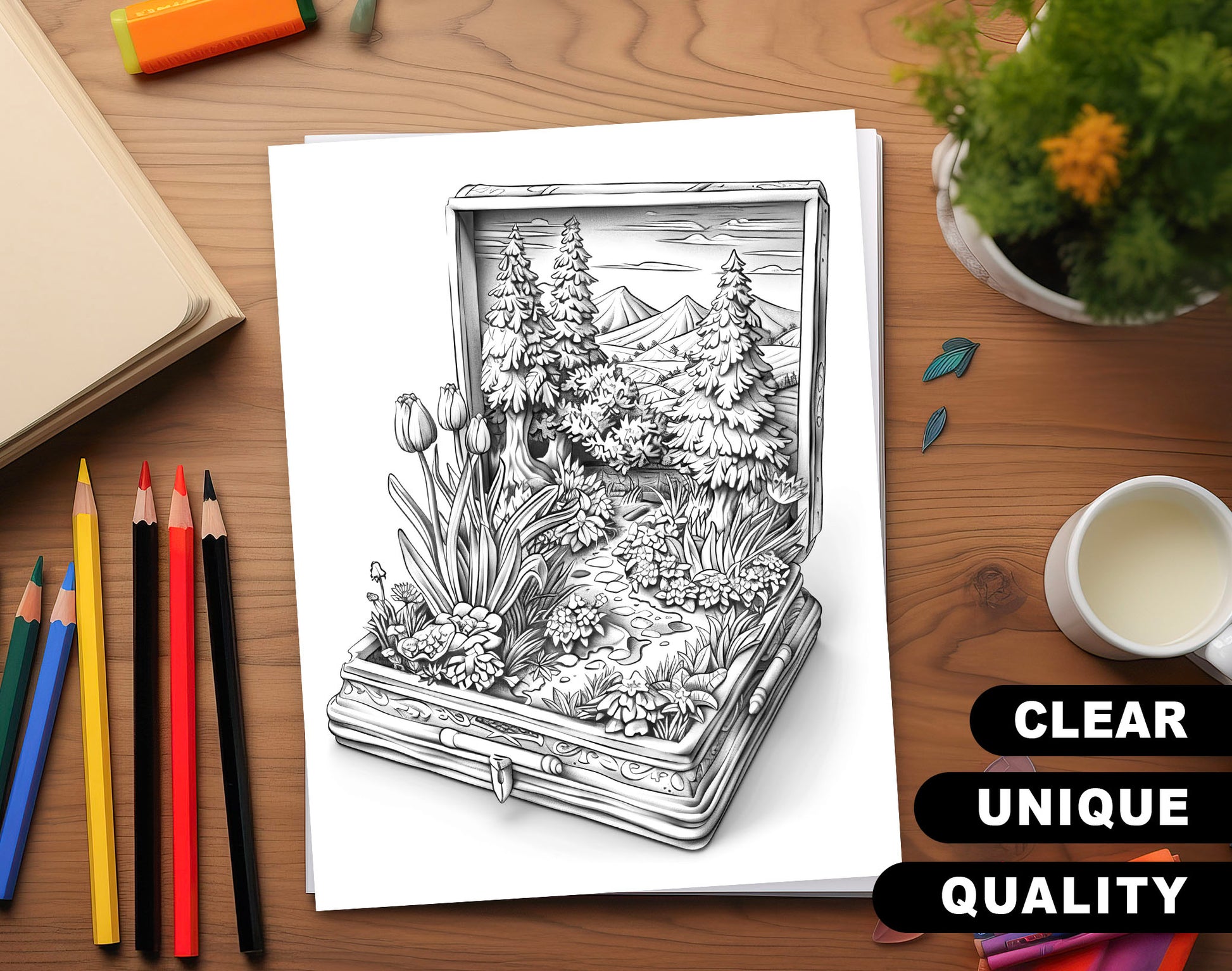 50 World In The Box Grayscale Coloring Pages - Instant Download - Printable PDF Dark/Light – preview 3