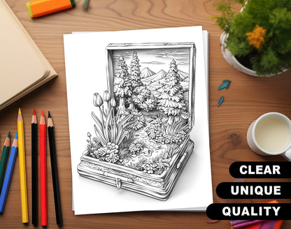 50 World In The Box Grayscale Coloring Pages - Instant Download - Printable PDF Dark/Light – preview 3