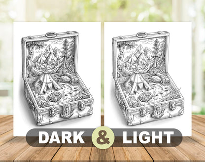 50 World In The Box Grayscale Coloring Pages - Instant Download - Printable PDF Dark/Light – preview 4