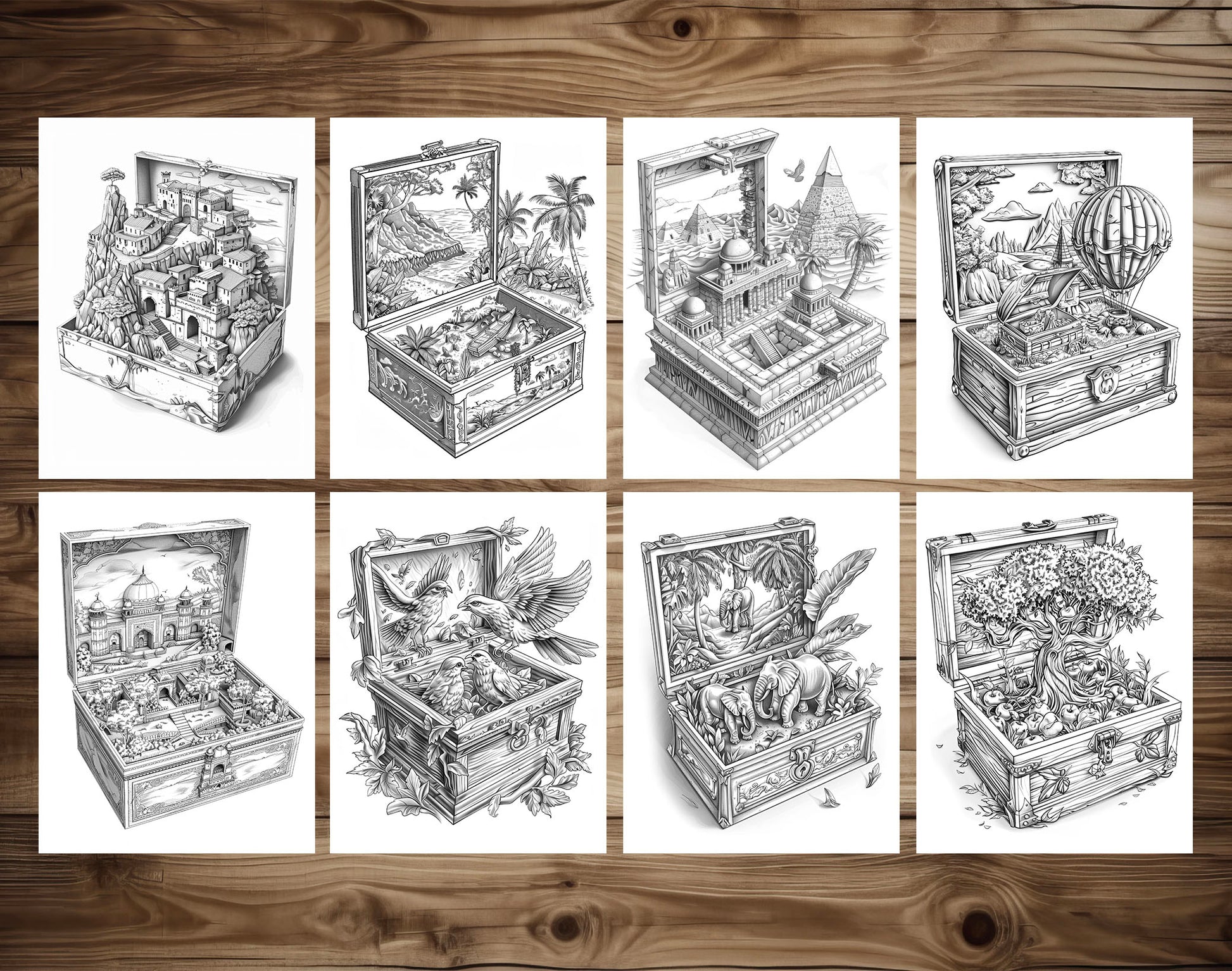 50 World In The Box Grayscale Coloring Pages - Instant Download - Printable PDF Dark/Light – preview 5