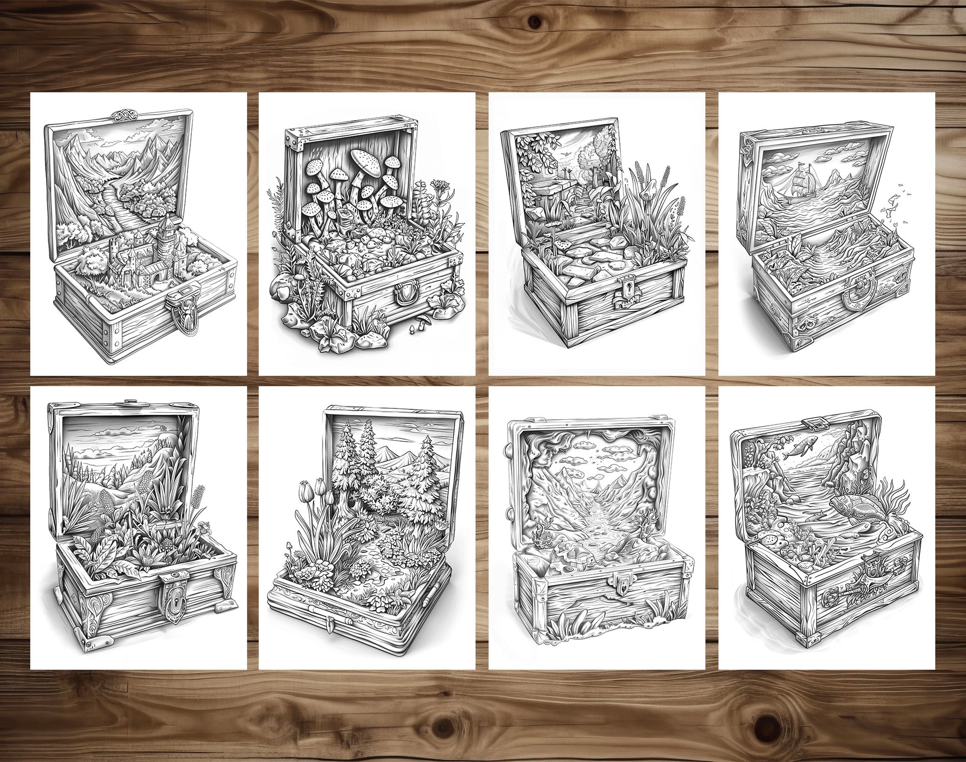 50 World In The Box Grayscale Coloring Pages - Instant Download - Printable PDF Dark/Light – preview 6
