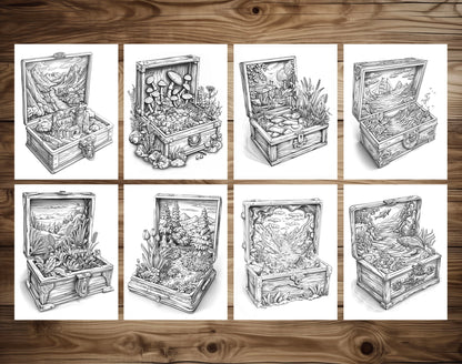 50 World In The Box Grayscale Coloring Pages - Instant Download - Printable PDF Dark/Light – preview 6