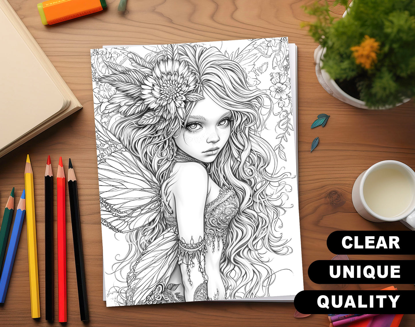 50 Fantasy Fairy Girl Grayscale Coloring Pages - Instant Download - Printable PDF Dark/Light
