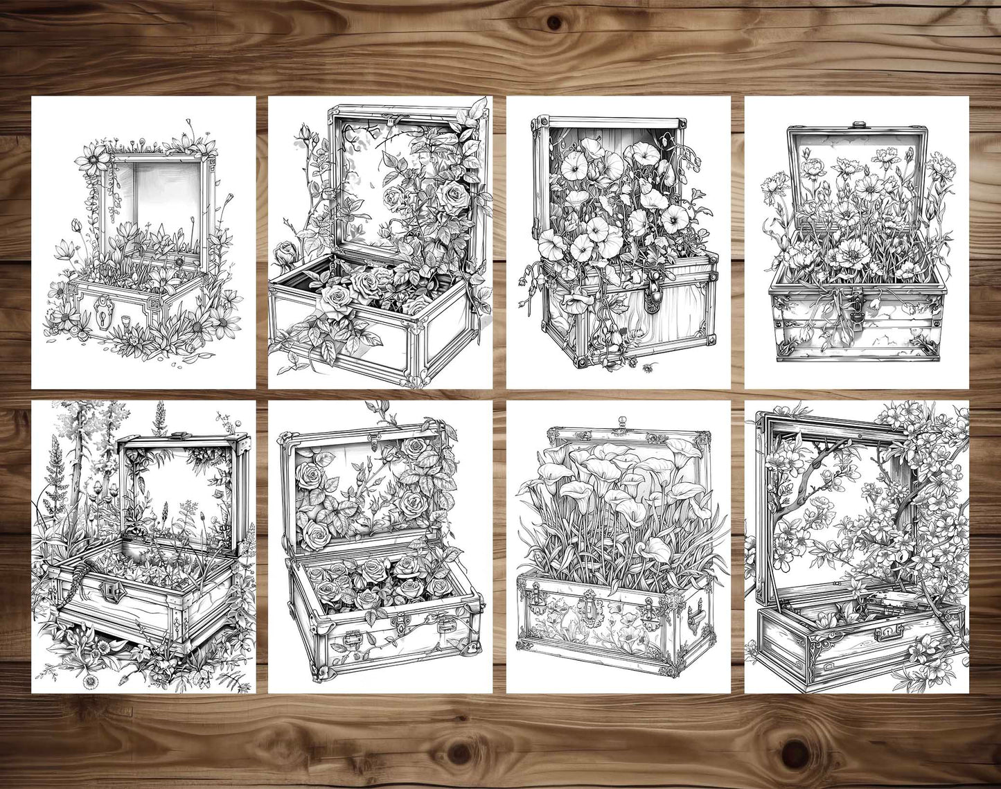 50 Flower Chest Box Grayscale Coloring Pages - Instant Download - Printable Dark/Light