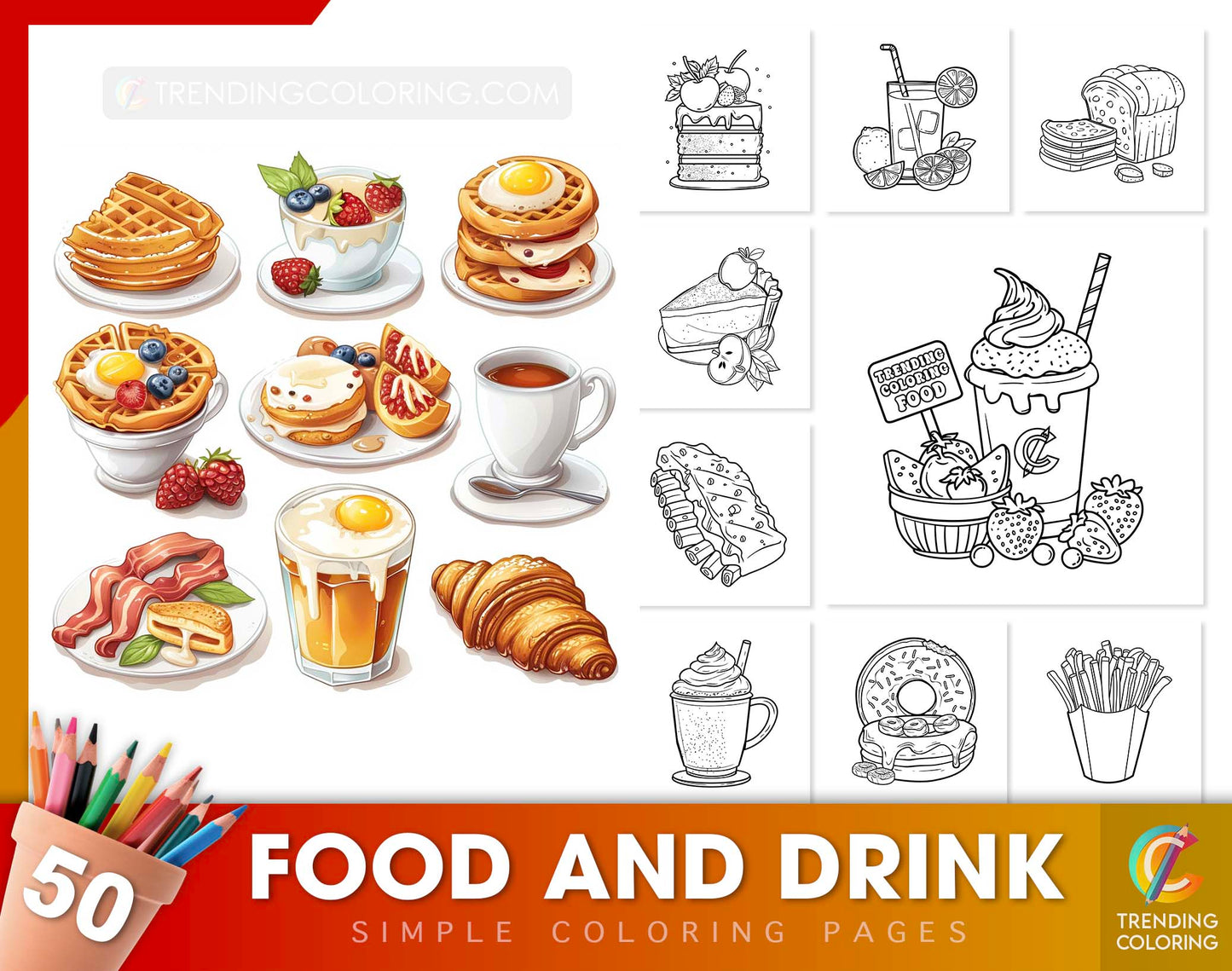 50 Food And Drink - Simple Coloring Pages - Instant Download - Printable