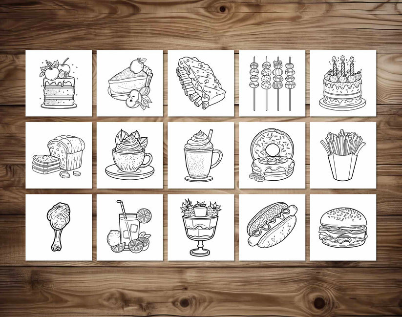 50 Food And Drink - Simple Coloring Pages - Instant Download - Printab