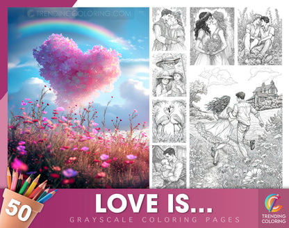 50 Love is Grayscale Coloring Pages - Instant Download - Printable Dark/Light