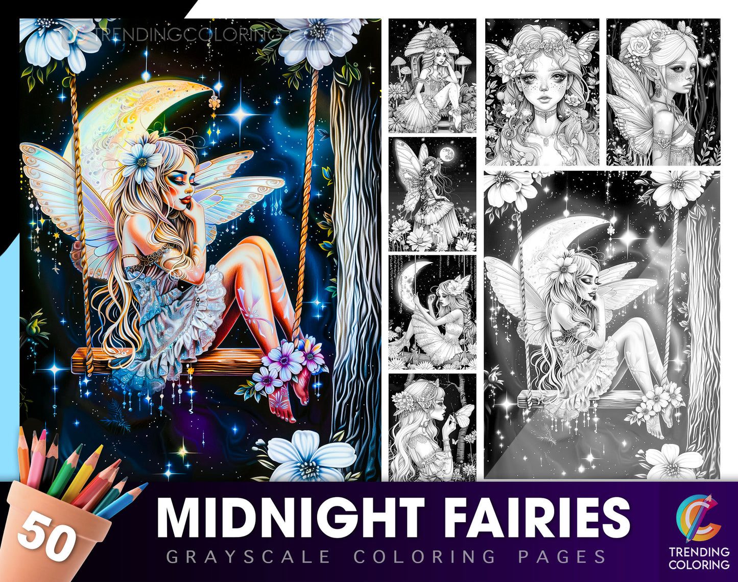 50 Midnight Fairies Grayscale Coloring Pages - Instant Download - Printable Dark/Light