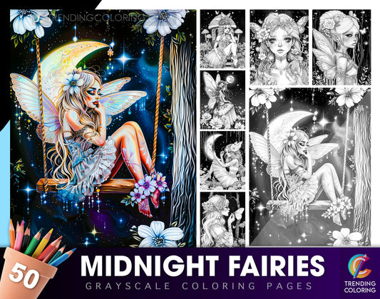 50 Midnight Fairies Grayscale Coloring Pages - Instant Download - Printable PDF Dark/Light