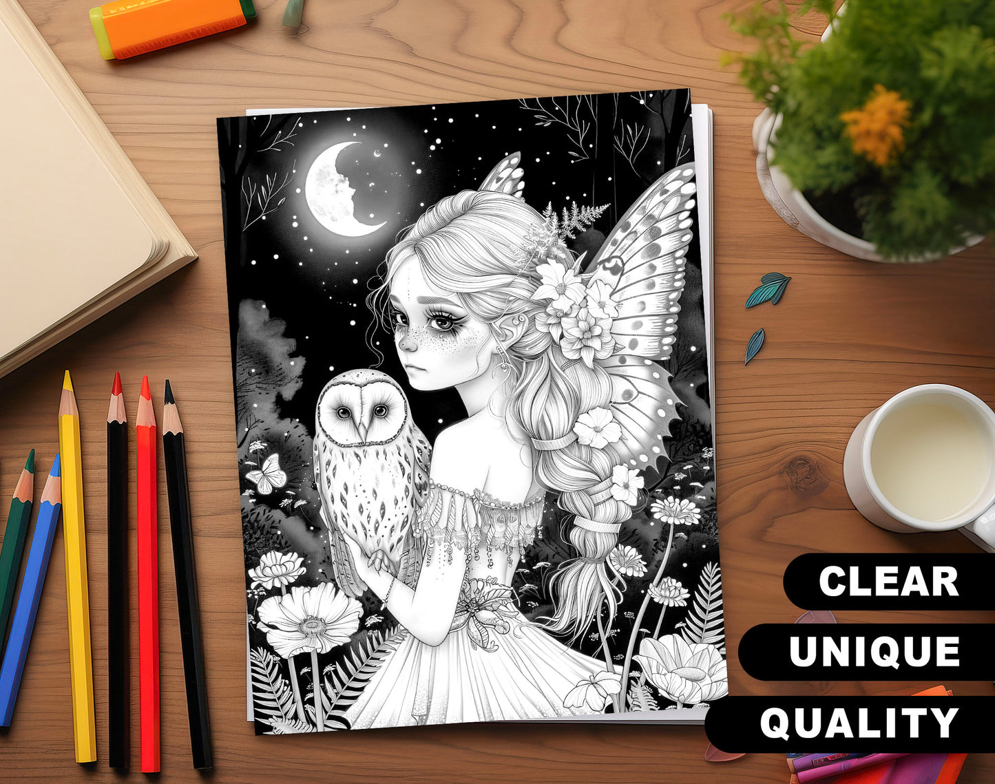 50 Midnight Fairies Grayscale Coloring Pages - Instant Download - Printable Dark/Light