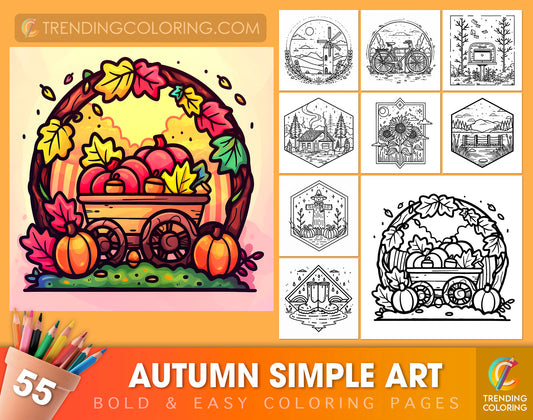 55 Autumn Simple Art Bold and Easy Coloring Pages - Instant Download - Printable PDF