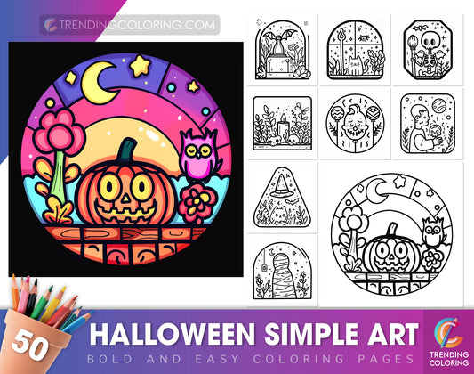 50 Halloween Simple Art Bold and Easy Coloring Pages - Instant Download - Printable PDF