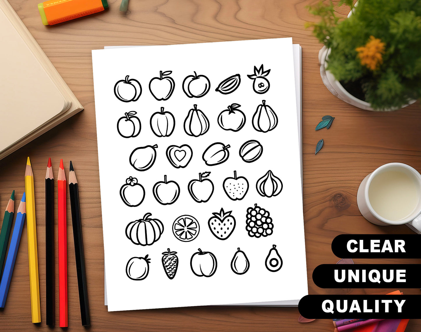 50 Simple Coloring Set - Fruit Theme Coloring Pages - Instant Download - Printable PDF