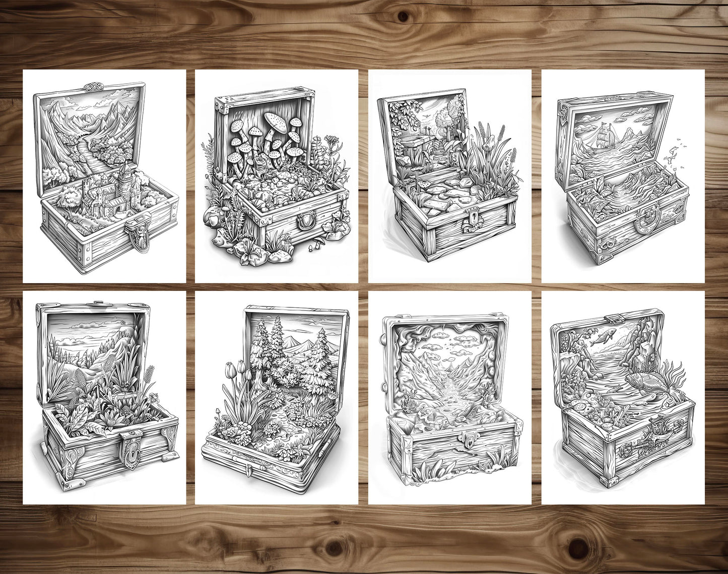 50 World In The Box Grayscale Coloring Pages - Instant Download - Printable Dark/Light