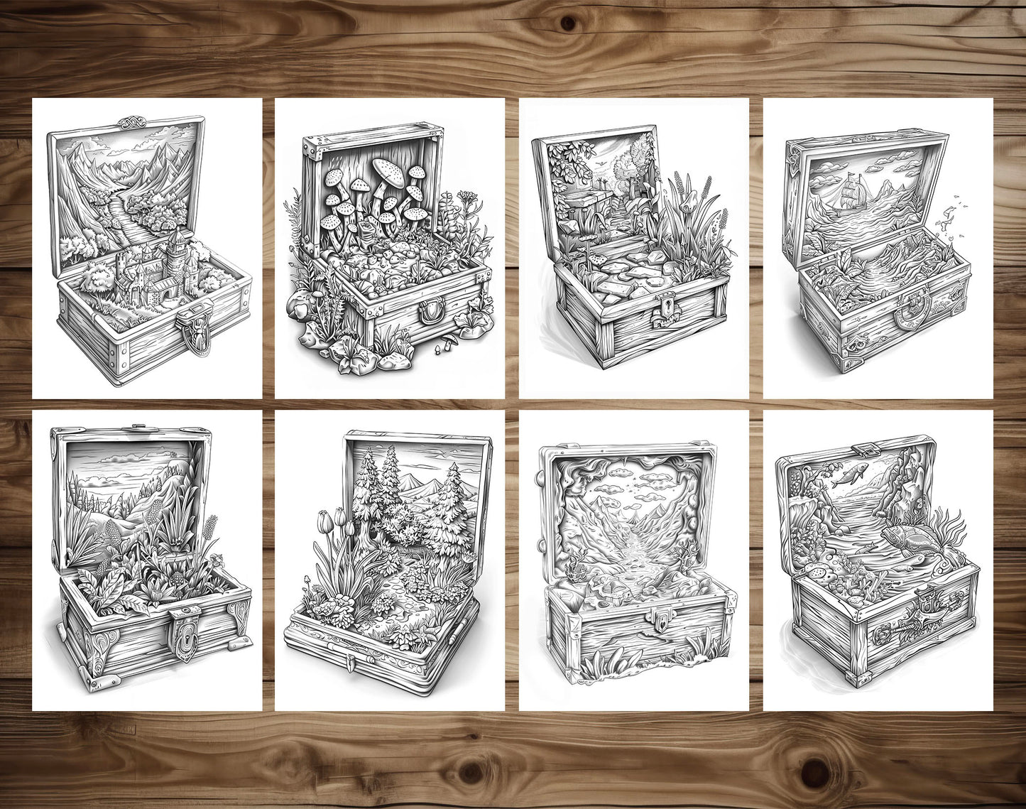 50 World In The Box Grayscale Coloring Pages - Instant Download - Printable PDF Dark/Light