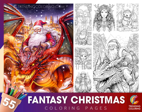 55 Fantasy Christmas Coloring Pages for Kids and Adults - Instant Download - Printable PDF
