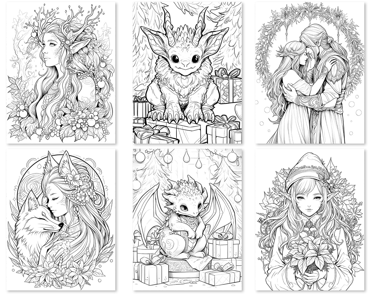 55 Fantasy Christmas Coloring Pages - Instant Download - Printable PDF