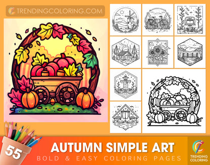 55 Autumn Simple Art Bold and Easy Coloring Pages - Instant Download - Printable PDF
