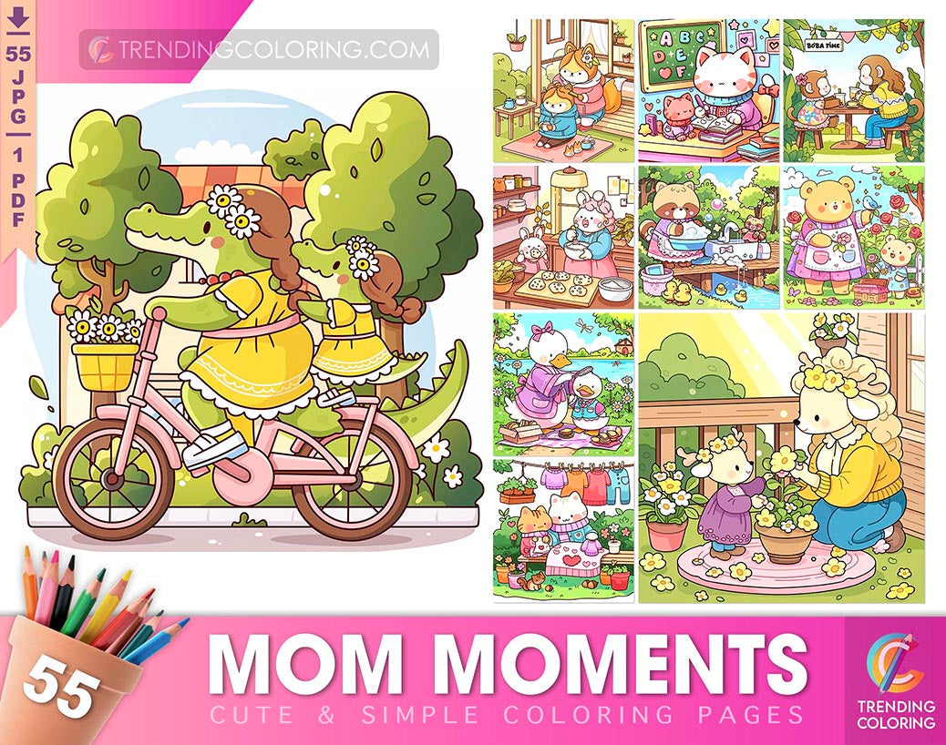 55 Mom Moments Cute and Simple Coloring Pages for Adults | Printable PDF | Instant Download