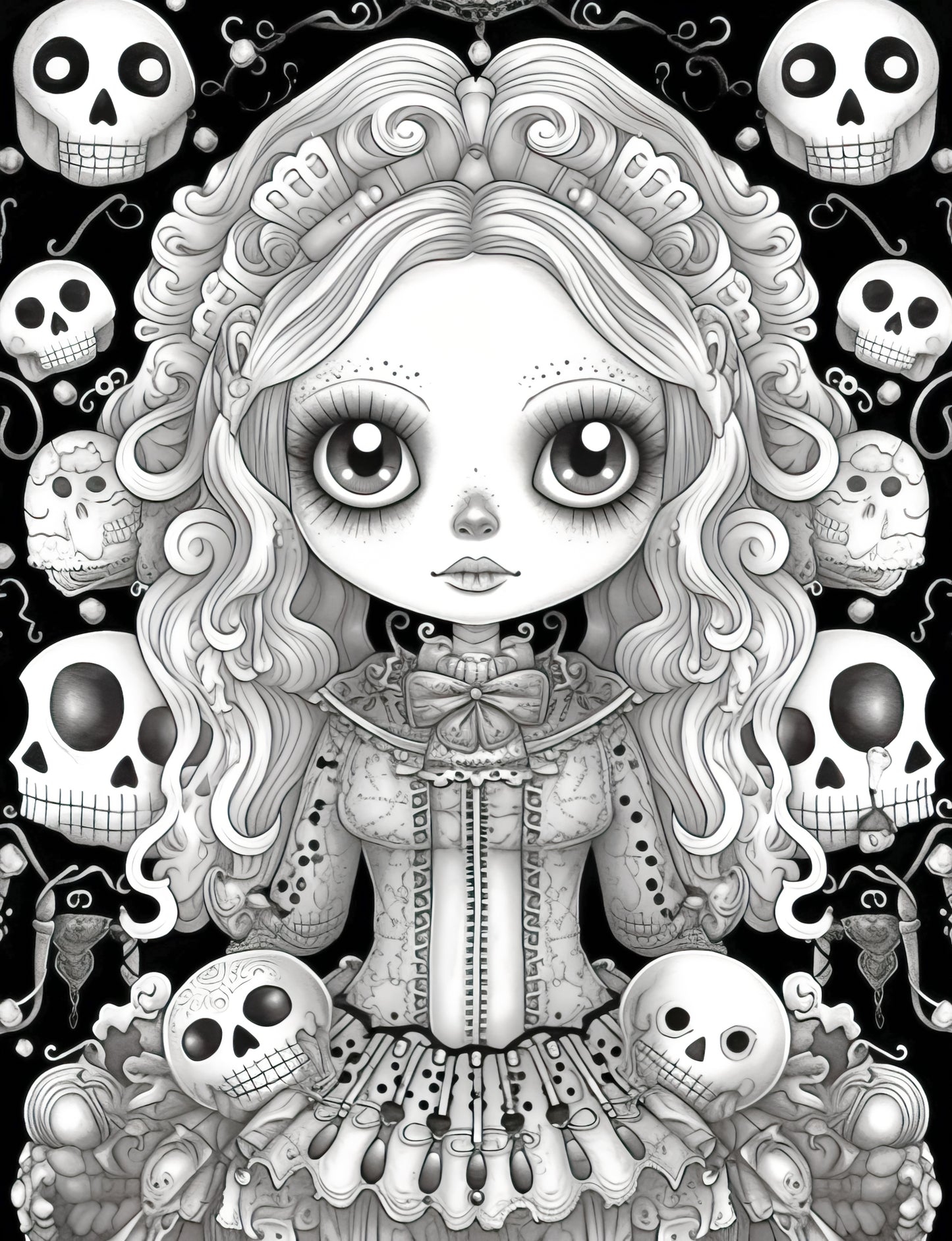 25 Kawaii Gothic Girl Grayscale Coloring Pages - Instant Download - Printable PDF Dark/Light