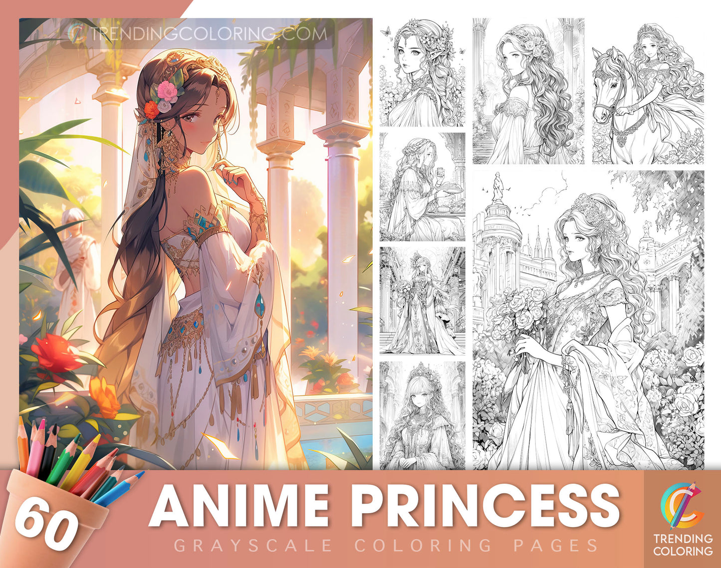 60 Anime Princess Grayscale Coloring Pages - Instant Download - Printable Dark/Light