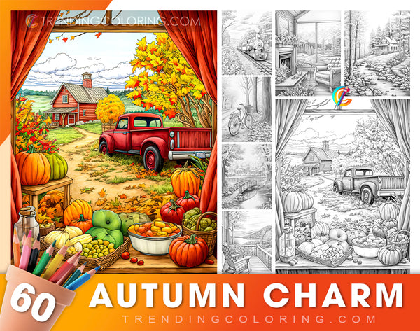 60 Autumn Charm Grayscale Coloring Pages - Instant Download - Printable