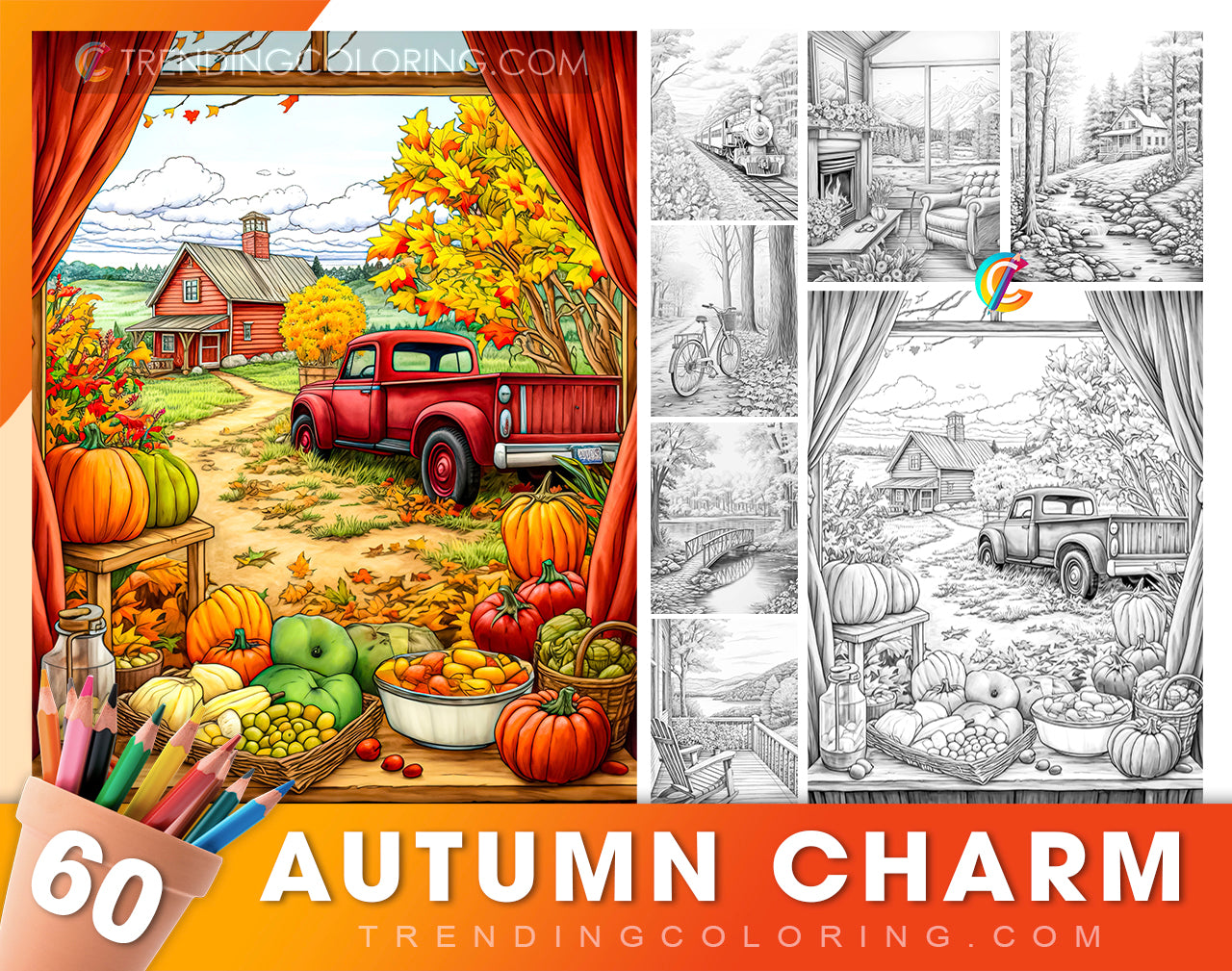 60 Autumn Charm Grayscale Coloring Pages - Instant Download - Printable PDF