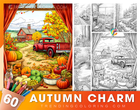 60 Autumn Charm Grayscale Coloring Pages - Instant Download - Printable PDF