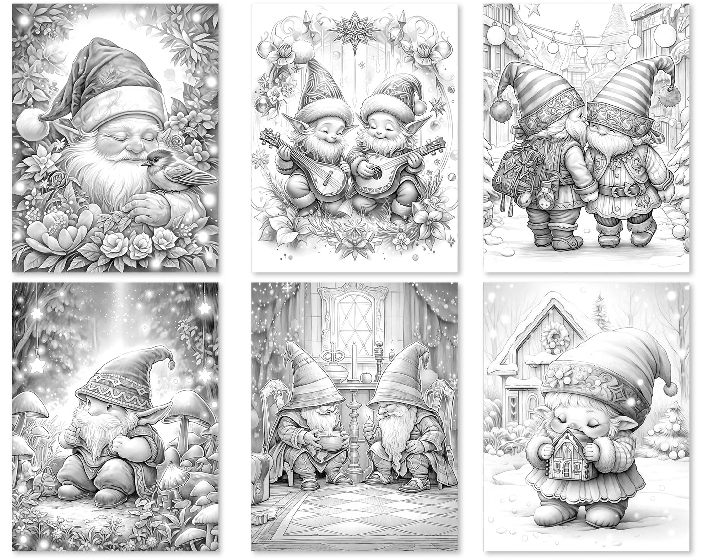 60 Winter Gnomes Grayscale Coloring Pages - Instant Download - Printable PDF Dark/Light