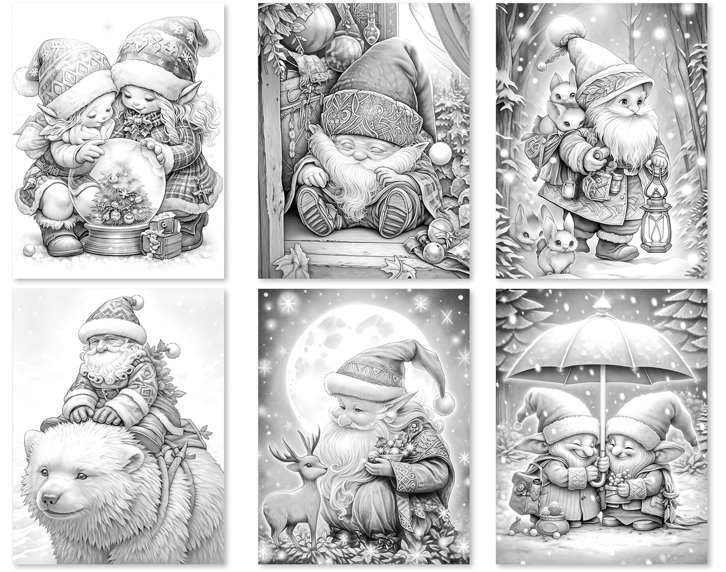 60 Winter Gnomes Grayscale Coloring Pages - Instant Download - Printable PDF Dark/Light