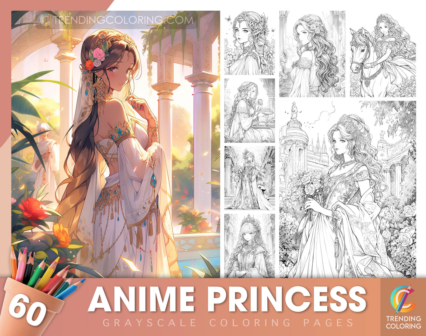 60 Anime Princess Grayscale Coloring Pages - Instant Download - Printable PDF Dark/Light