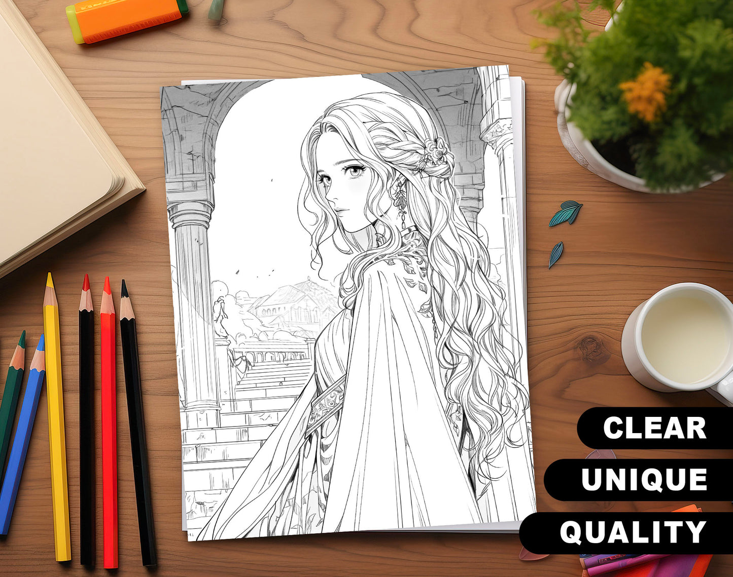 60 Anime Princess Grayscale Coloring Pages - Instant Download - Printable PDF Dark/Light – preview 3