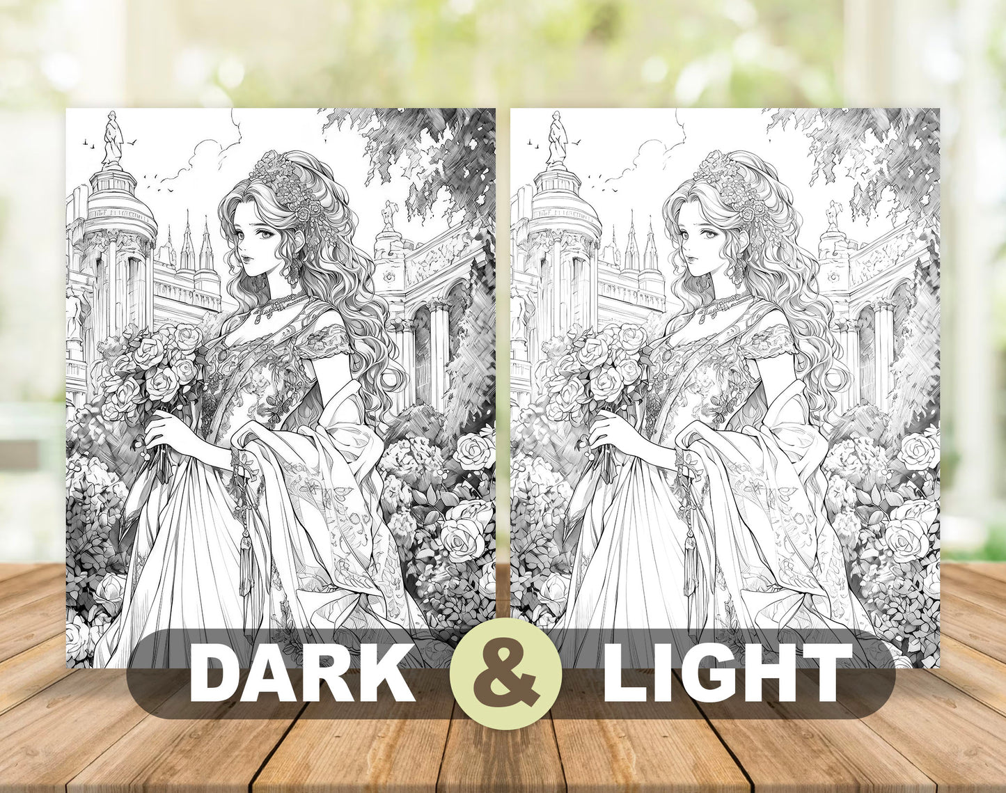 60 Anime Princess Grayscale Coloring Pages - Instant Download - Printable PDF Dark/Light – preview 4