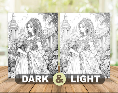 60 Anime Princess Grayscale Coloring Pages - Instant Download - Printable PDF Dark/Light – preview 4